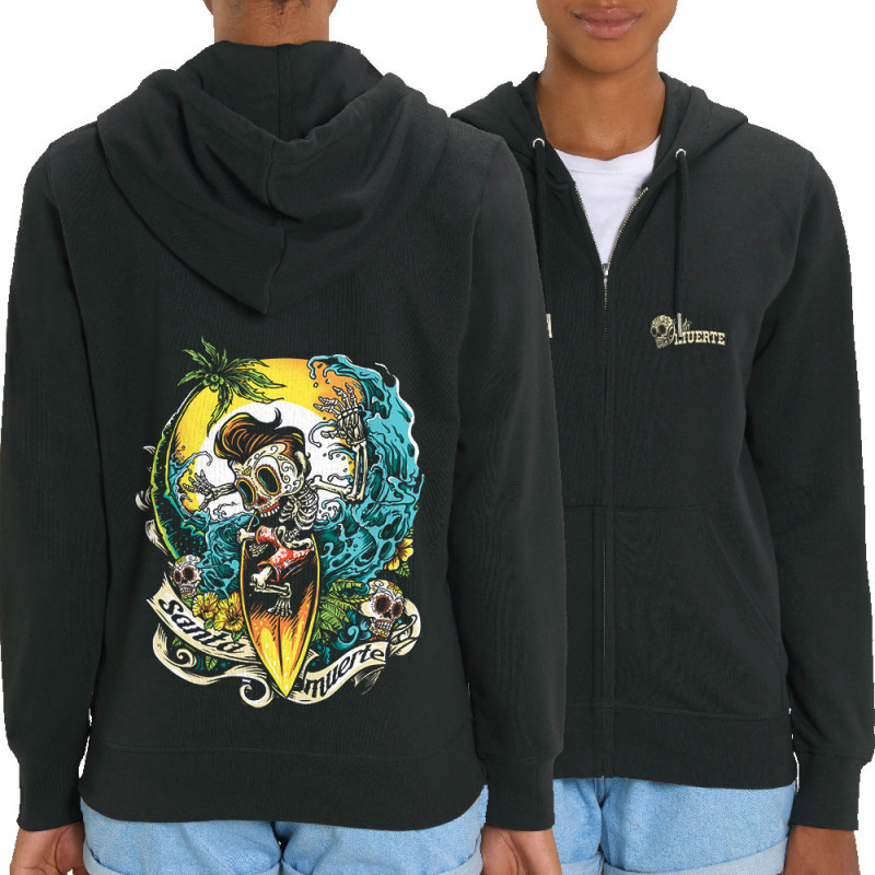 Sweat femme zippé à capuche coton bio noir Santa Muerte - Surfin Skull (Santa Muerte,Têtes de morts,Skate)