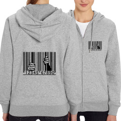 Sweat femme zippé à capuche coton bio gris chiné Code barre prison (Slogans engagés)