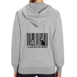 Sweat femme zippé à capuche coton bio gris chiné Code barre prison (Slogans engagés)