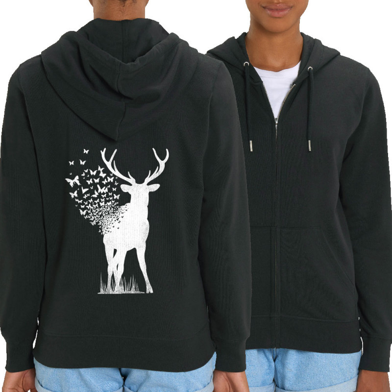 Sweat femme zippé à capuche coton bio noir Deer Butterfly (Caffein Art,Animaux,Ethnique)