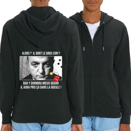 Sweat femme zippé à capuche coton bio noir Il dort le gros con (Films/Séries,Les Tontons Flingueurs)