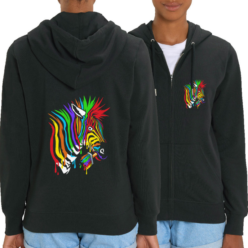 Sweat femme zippé à capuche coton bio noir Zèbre Anticonformiste (Zewa,Animaux)