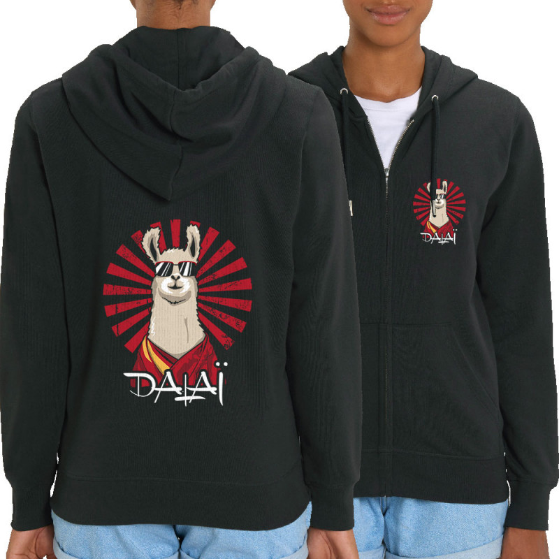 Sweat femme zippé à capuche coton bio noir Dalaï Lama (Le Duc,Animaux,Humour)
