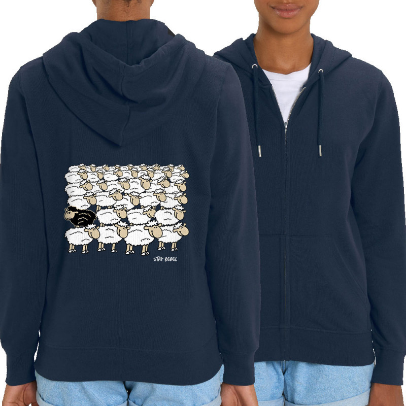 Sweat femme zippé à capuche coton bio bleu marine Stay Rebel Moutons (Gondrax,Animaux,Humour)