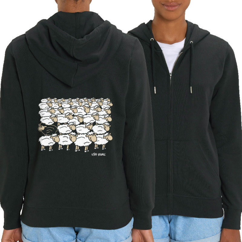 Sweat femme zippé à capuche coton bio noir Stay Rebel Moutons (Gondrax,Animaux,Humour)