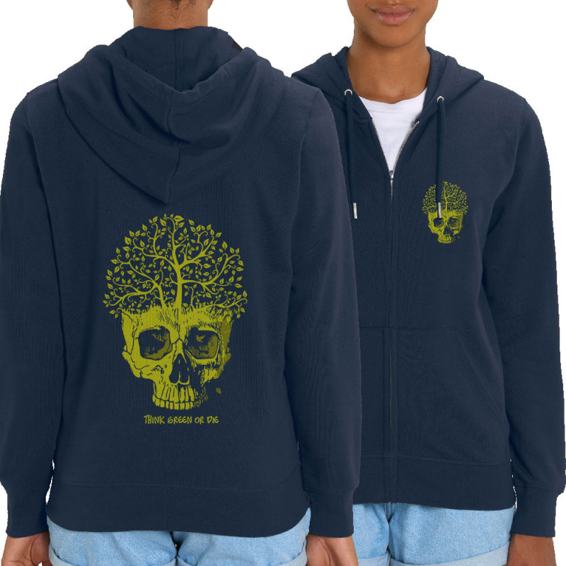Sweat femme zippé à capuche coton bio bleu marine Think green or die (Gondrax,Ecologie,Têtes de morts)