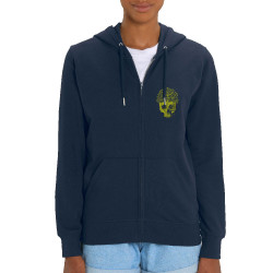 Sweat femme zippé à capuche coton bio bleu marine Think green or die (Gondrax,Ecologie,Têtes de morts)