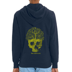 Sweat femme zippé à capuche coton bio bleu marine Think green or die (Gondrax,Ecologie,Têtes de morts)