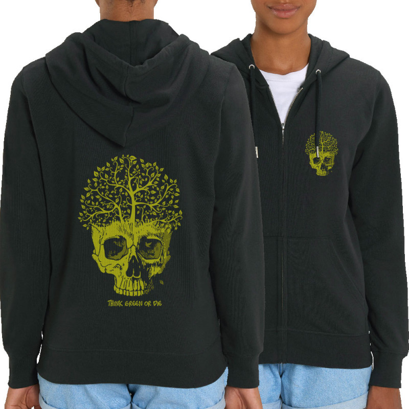 Sweat femme zippé à capuche coton bio noir Think green or die (Gondrax,Ecologie,Têtes de morts)