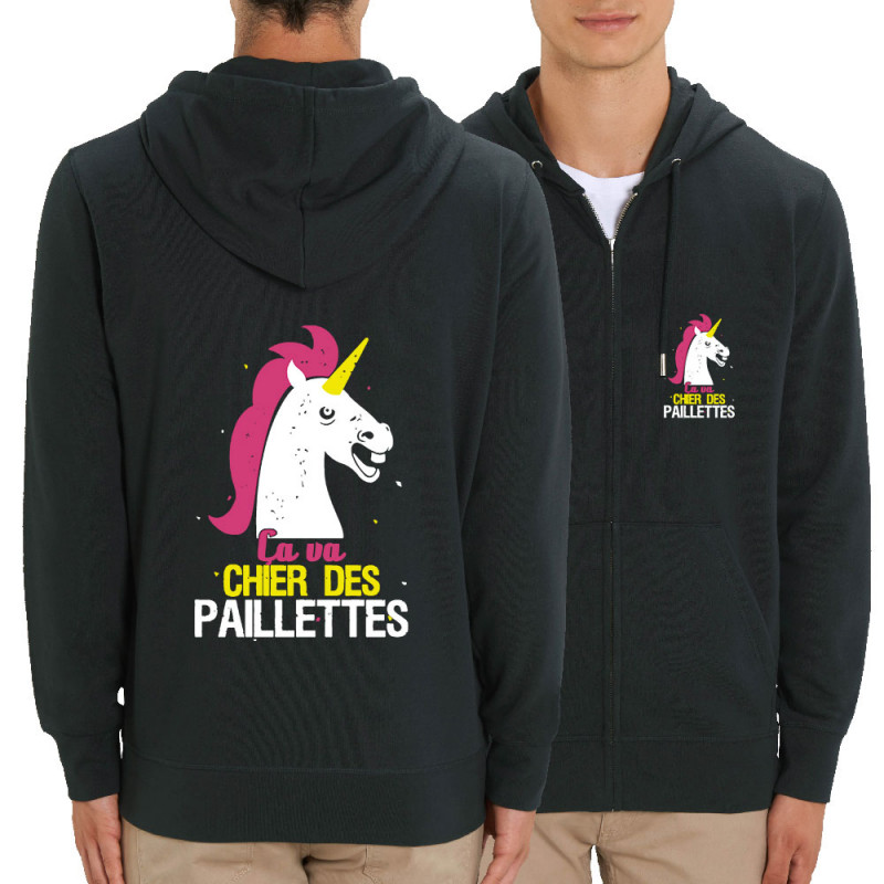 Sweat homme zippé à capuche coton bio noir Ca va chier des paillettes (Animaux,Humour,Amazon,Zewa)