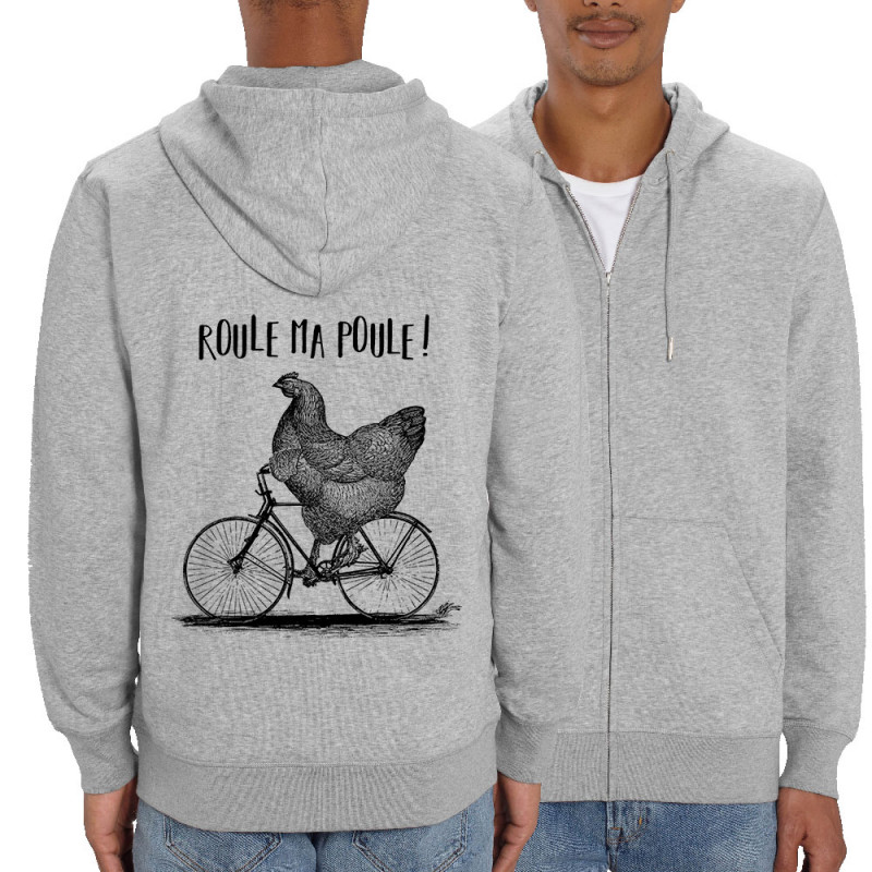 Sweat homme zippé à capuche coton bio gris chiné Roule ma poule (Gondrax,Les Bébêtes,Animaux,Vélo)