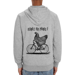 Sweat homme zippé à capuche coton bio gris chiné Roule ma poule (Gondrax,Les Bébêtes,Animaux,Vélo)