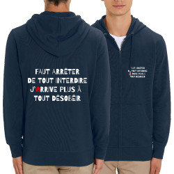 Sweat homme zippé à capuche coton bio bleu marine Tout interdire (Andy,Slogans Débiles,Humour)