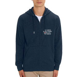Sweat homme zippé à capuche coton bio bleu marine Tout interdire (Andy,Slogans Débiles,Humour)