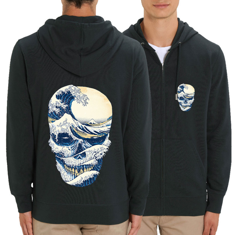 Sweat homme zippé à capuche coton bio noir Hokusai Wave Skull (Têtes de morts,Amazon,Hokusaï,Musée)