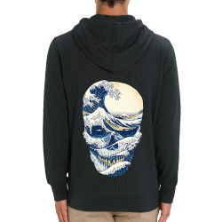 Sweat homme zippé à capuche coton bio noir Hokusai Wave Skull (Têtes de morts,Amazon,Hokusaï,Musée)
