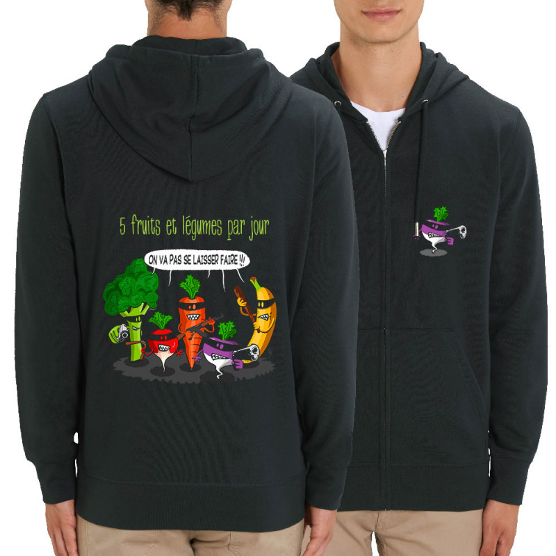 Sweat homme zippé à capuche coton bio noir 5 fruits et légumes par jour (Gondrax,Fruits & Légumes,Humour)