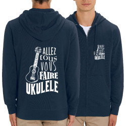 Sweat homme zippé à capuche coton bio bleu marine Allez tous vous faire Yukulélé (Humour,Slogans Débiles,Andy)
