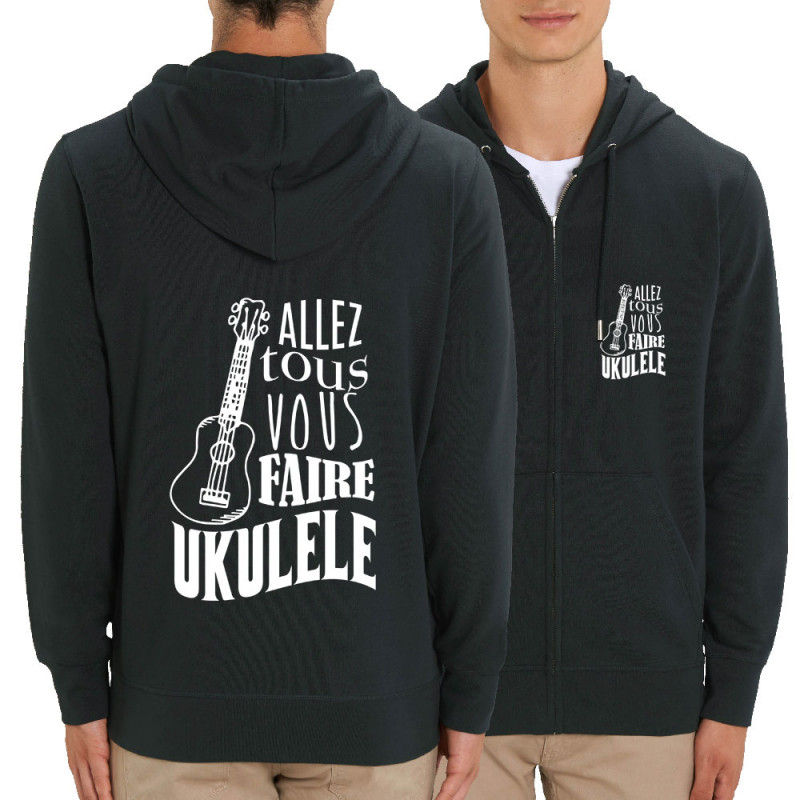 Sweat homme zippé à capuche coton bio noir Allez tous vous faire Yukulélé (Humour,Slogans Débiles,Andy)