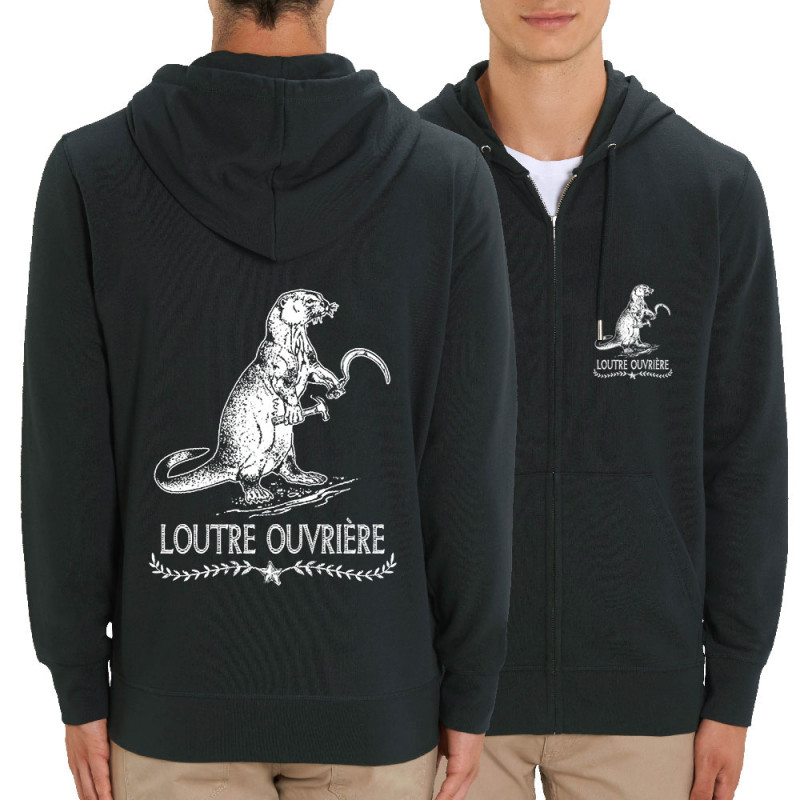 Sweat homme zippé à capuche coton bio noir Loutre Ouvrière (Gondrax,Les Bébêtes,Animaux,Humour)