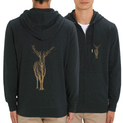 Sweat homme zippé à capuche coton bio noir Deer Trees (Caffein Art,Animaux)