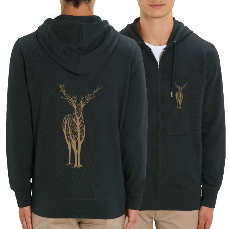 Sweat homme zippé à capuche coton bio noir Deer Trees (Caffein Art,Animaux)