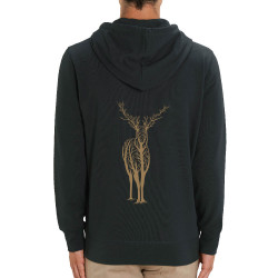 Sweat homme zippé à capuche coton bio noir Deer Trees (Caffein Art,Animaux)