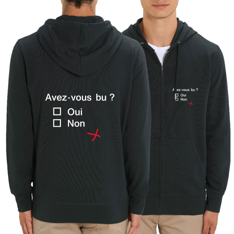Sweat homme zippé à capuche coton bio noir Avez-vous bu ? (Le Duc,Alcool,Humour,Enfer)