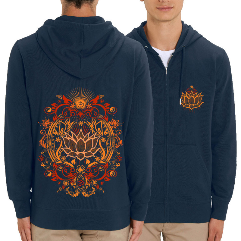 Sweat homme zippé à capuche coton bio bleu marine Lotus Blossom (Gondrax,Ethnique)