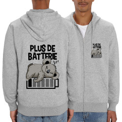 Sweat homme zippé à capuche coton bio gris chiné Plus de batterie koala (Animaux,Humour,Manga Kawaï japan,Bébés,Paresse)