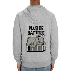 Sweat homme zippé à capuche coton bio gris chiné Plus de batterie koala (Animaux,Humour,Manga Kawaï japan,Bébés,Paresse)