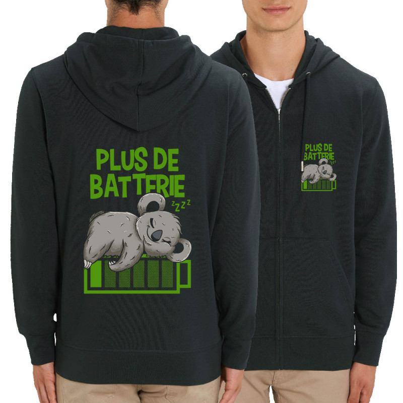 Sweat homme zippé à capuche coton bio noir Plus de batterie koala (Animaux,Humour,Manga Kawaï japan,Bébés,Paresse)