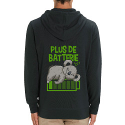 Sweat homme zippé à capuche coton bio noir Plus de batterie koala (Animaux,Humour,Manga Kawaï japan,Bébés,Paresse)