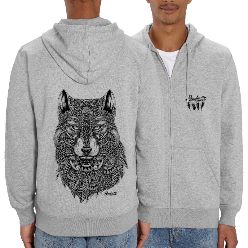 Sweat homme zippé à capuche coton bio gris chiné Bad River - The Wolf (Taïry Greene,Bad River,Animaux)