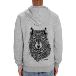Sweat homme zippé à capuche coton bio gris chiné Bad River - The Wolf (Taïry Greene,Bad River,Animaux)