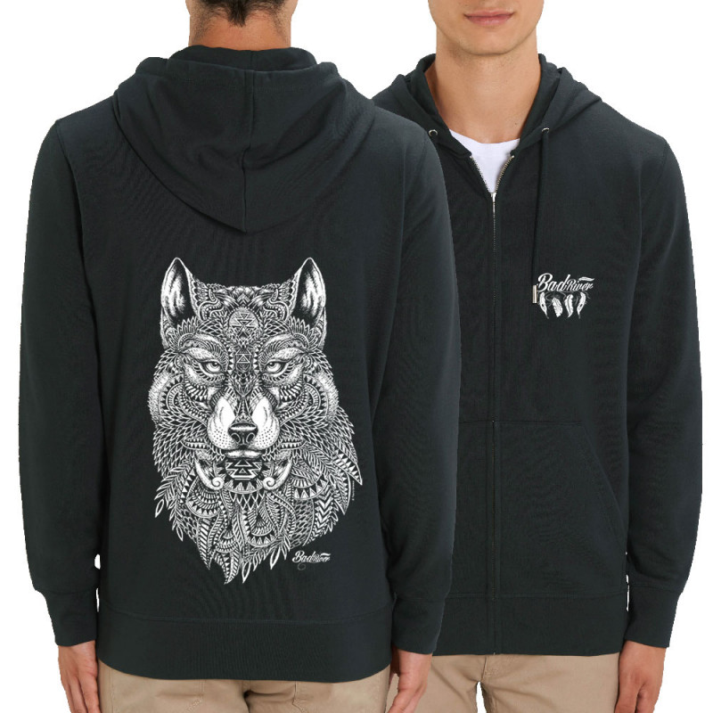 Sweat homme zippé à capuche coton bio noir Bad River - The Wolf (Taïry Greene,Bad River,Animaux)