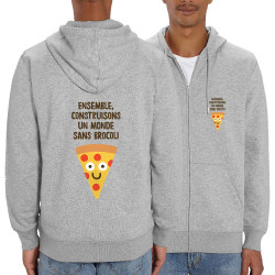 Sweat homme zippé à capuche coton bio gris chiné Construisons un monde sans brocoli (Alex Kidd,Fruits & Légumes,Humour)