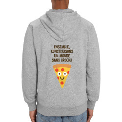 Sweat homme zippé à capuche coton bio gris chiné Construisons un monde sans brocoli (Alex Kidd,Fruits & Légumes,Humour)