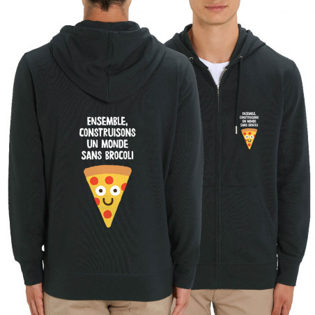 Sweat homme zippé à capuche coton bio noir Construisons un monde sans brocoli (Alex Kidd,Fruits & Légumes,Humour)