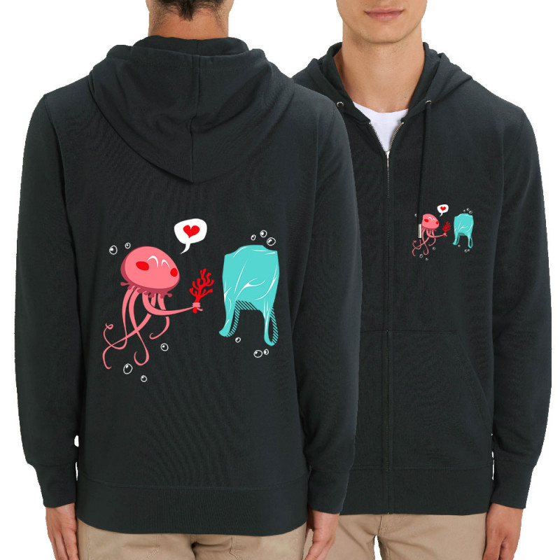 Sweat homme zippé à capuche coton bio noir Méduse (Animaux,Ecologie)