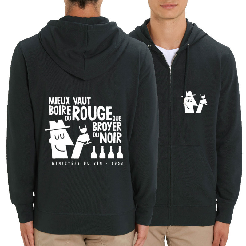 Sweat homme zippé à capuche coton bio noir Mieux vaut boire du rouge (Alex Kidd,Alcool,Humour,Slogans Débiles)