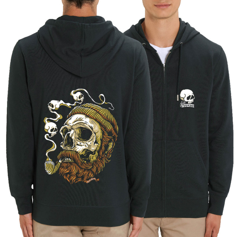 Sweat homme zippé à capuche coton bio noir Santa Muerte - Smoking Skull (Santa Muerte,Têtes de morts)
