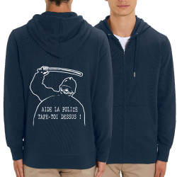 Sweat homme zippé à capuche coton bio bleu marine Aide la police (Slogans engagés,Humour)