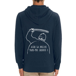 Sweat homme zippé à capuche coton bio bleu marine Aide la police (Slogans engagés,Humour)