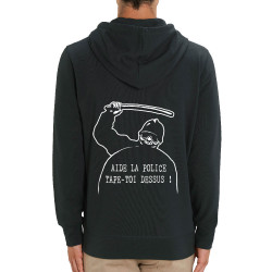 Sweat homme zippé à capuche coton bio noir Aide la police (Slogans engagés,Humour)