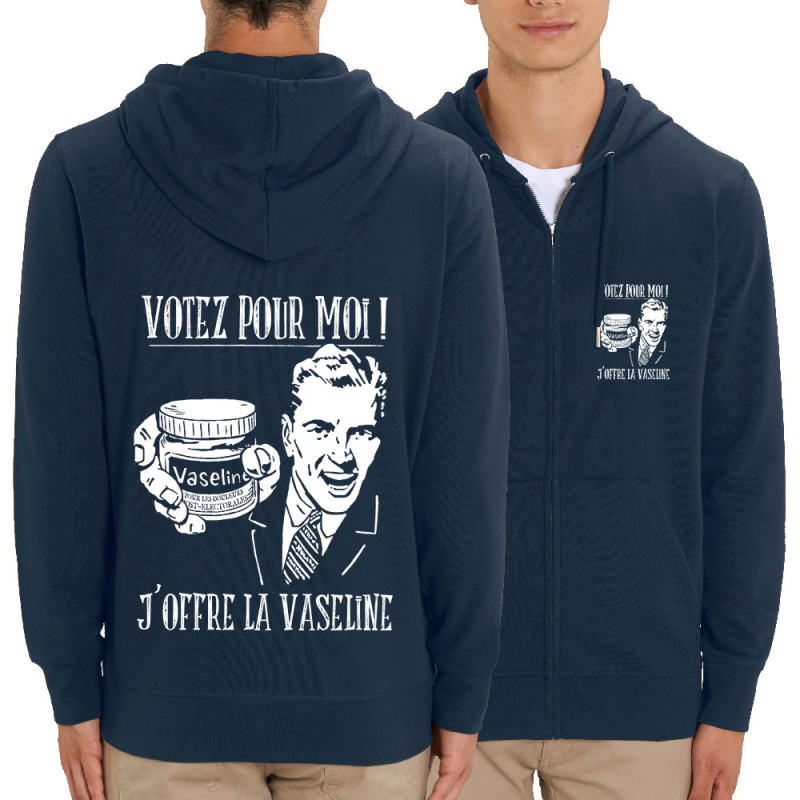 Sweat homme zippé à capuche coton bio bleu marine Votez pour moi Vaseline (Gondrax,Slogans engagés,Elections)
