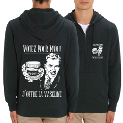Sweat homme zippé à capuche coton bio noir Votez pour moi Vaseline (Gondrax,Slogans engagés,Elections)