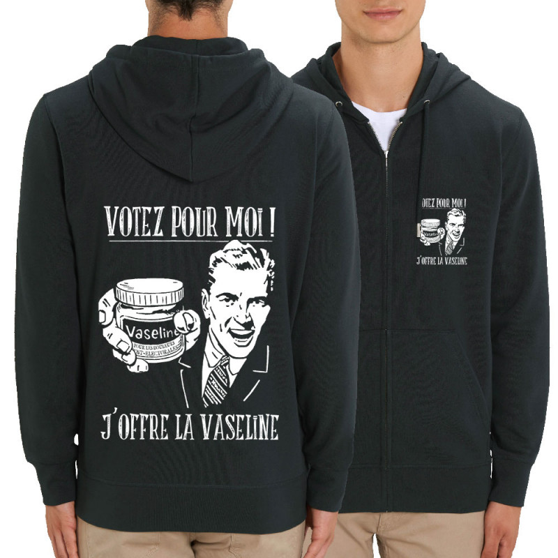 Sweat homme zippé à capuche coton bio noir Votez pour moi Vaseline (Gondrax,Slogans engagés,Elections)