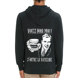 Sweat homme zippé à capuche coton bio noir Votez pour moi Vaseline (Gondrax,Slogans engagés,Elections)