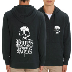 Sweat homme zippé à capuche coton bio noir Punk Rock Never Ends (Têtes de morts,Rock & Punk)